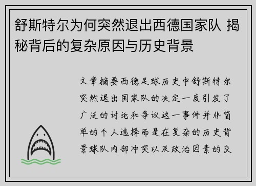 舒斯特尔为何突然退出西德国家队 揭秘背后的复杂原因与历史背景